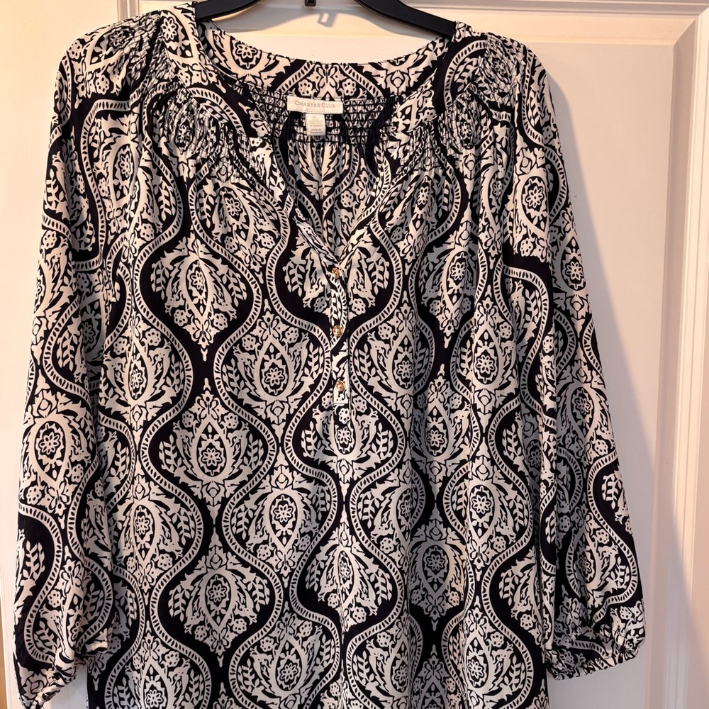 Navy & White Charter Club Printed Peasant Blouse XL